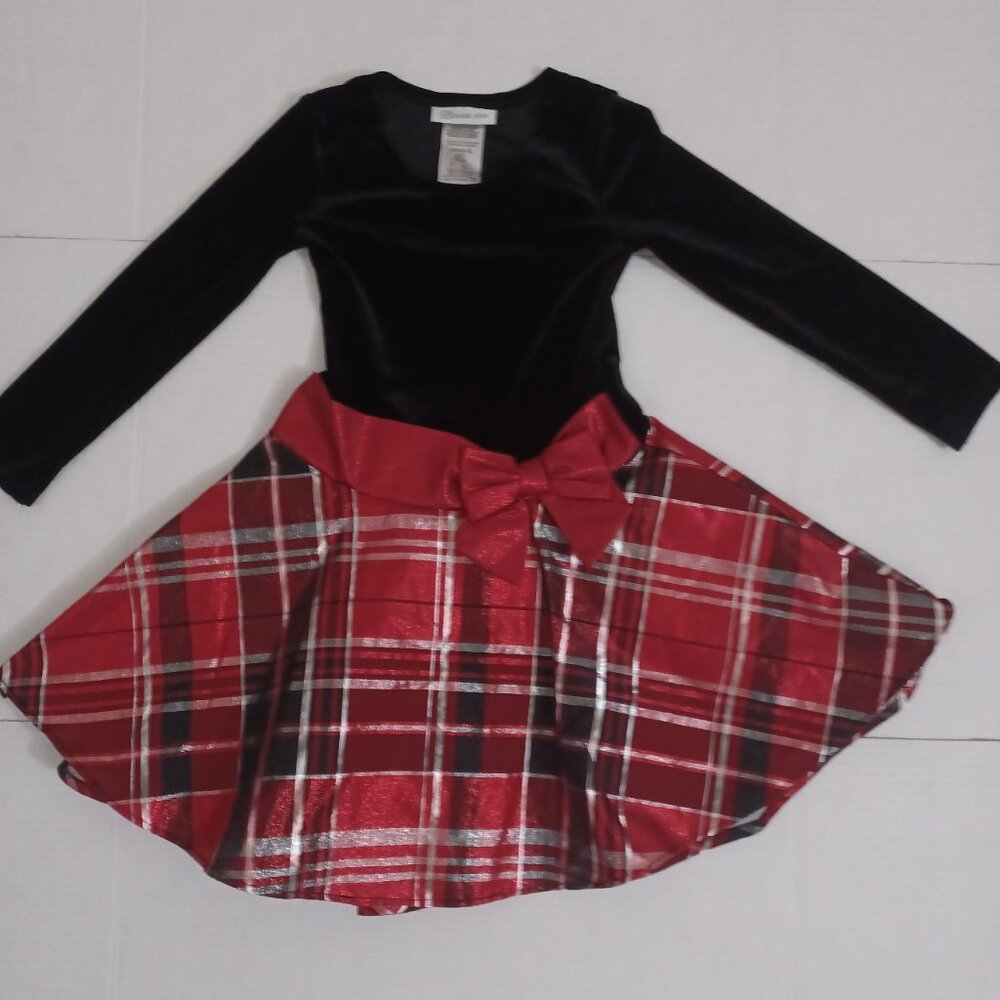 BONNIE JEAN FIT & FLARE LONG SLEEVE BOW DETAIL VELVET PLAID CHRISTMAS DRESS
